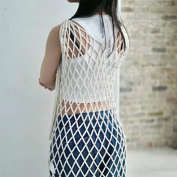 NEW Cream Bohemian Macrame ROPE NET DRESS - Picture 3 of 12